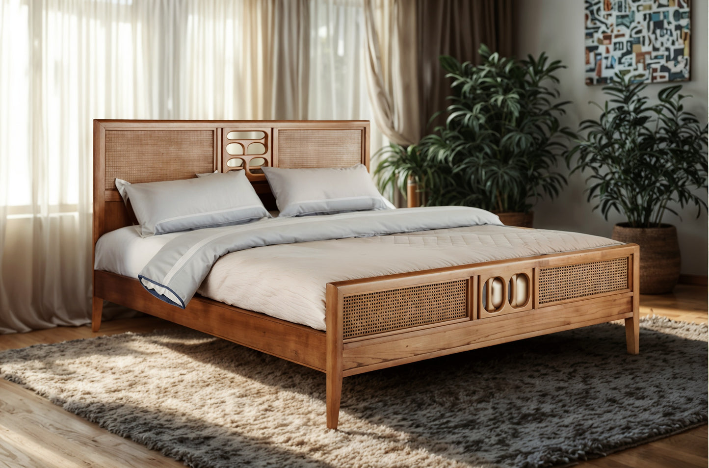Abstract Teak Wood Rattan Bed