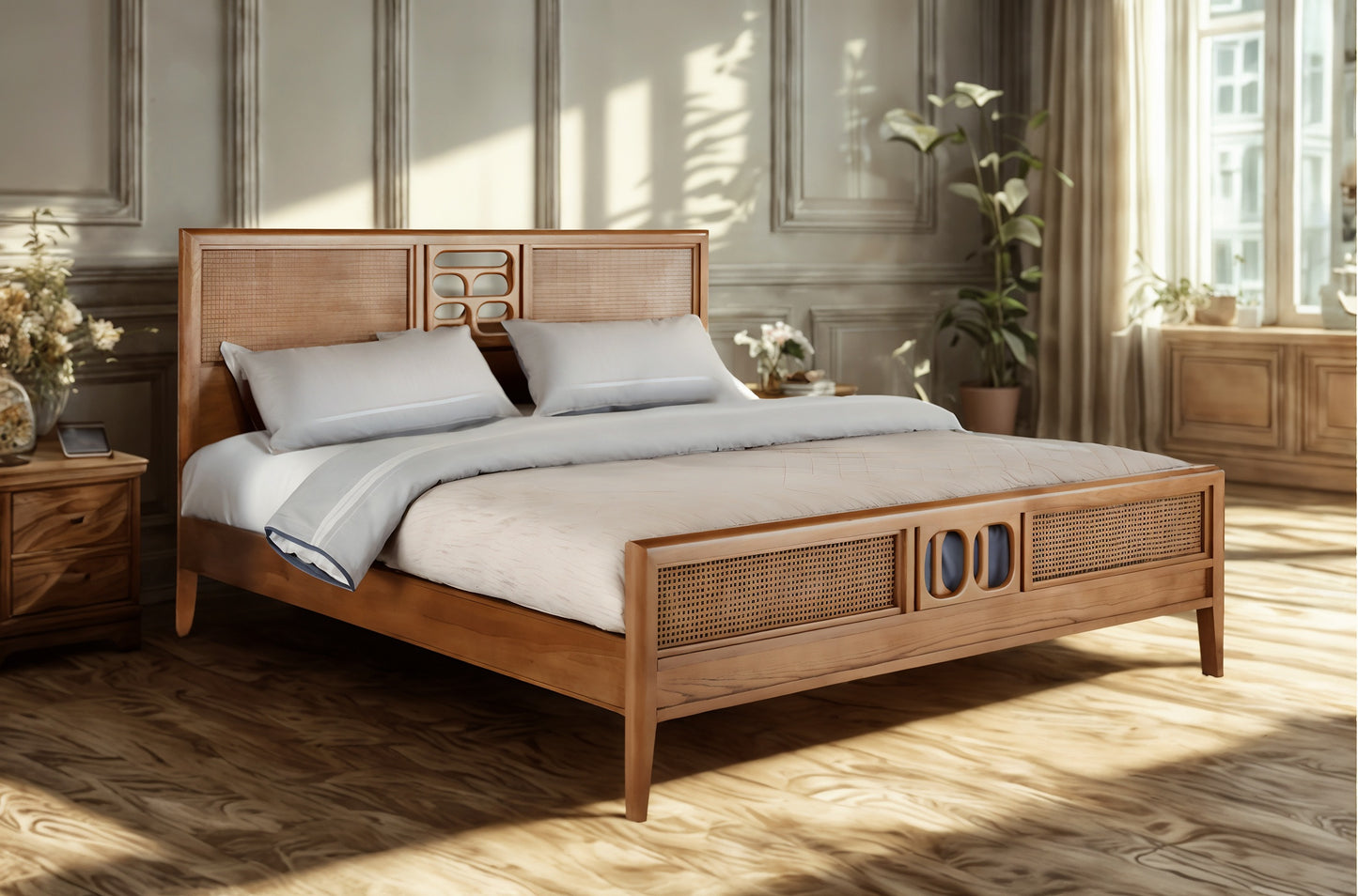 Abstract Teak Wood Rattan Bed