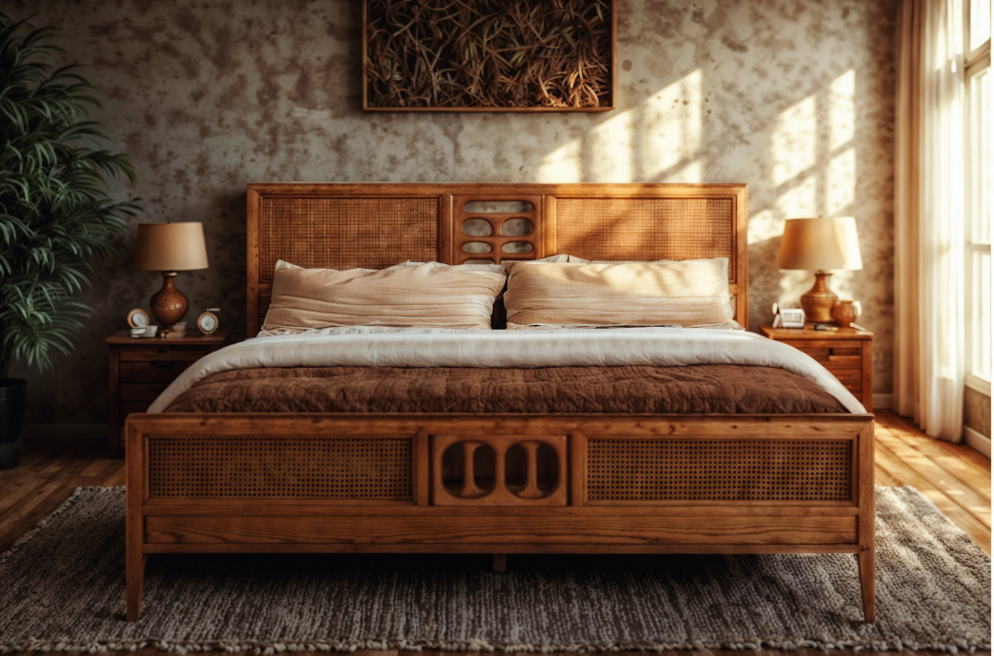 Abstract Teak Wood Rattan Bed