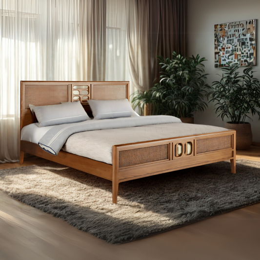 Abstract Teak Wood Rattan Bed