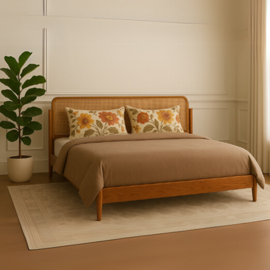 Handwoven Rattan and Reclaimed Teak Bed